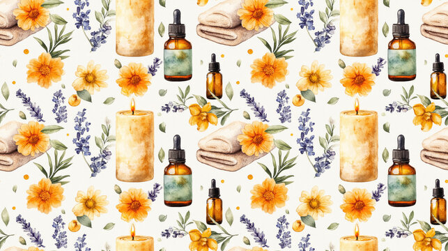 Seamless watercolor pattern featuring spa accessories like candles towels and essential oils ideal for wellness related designs