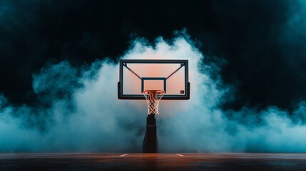 basketball court with a lit hoop surrounded by dramatic blue smoke, emphasizing the contrast between the vibrant court and the moody atmosphere