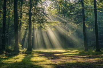 Obraz premium Sunbeams filtering through lush forest canopy creating ethereal atmosphere