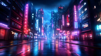 Neon City Street at Night - Cyberpunk Illustration