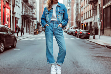 Naklejka premium Denim-on-denim outfit with a cropped jacket, high-waisted mom jeans, and chunky sneakers, styled in a vibrant city street.