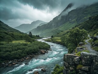 Misty Mountain Landscape with Converging Rivers Under Dark Green Gloomy Skies in Serene Nature Scene