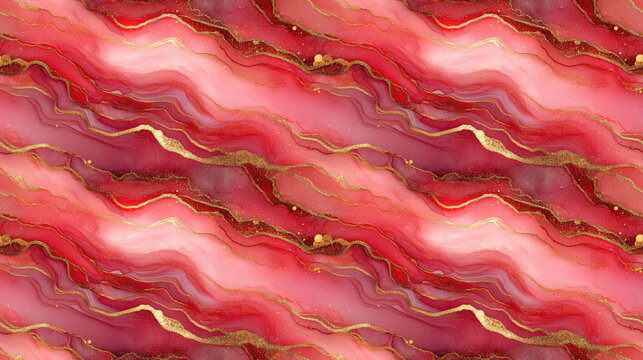 Seamless pattern of pink and red agate marble featuring gold lines vibrant alcohol ink fluid art with glittering accents
