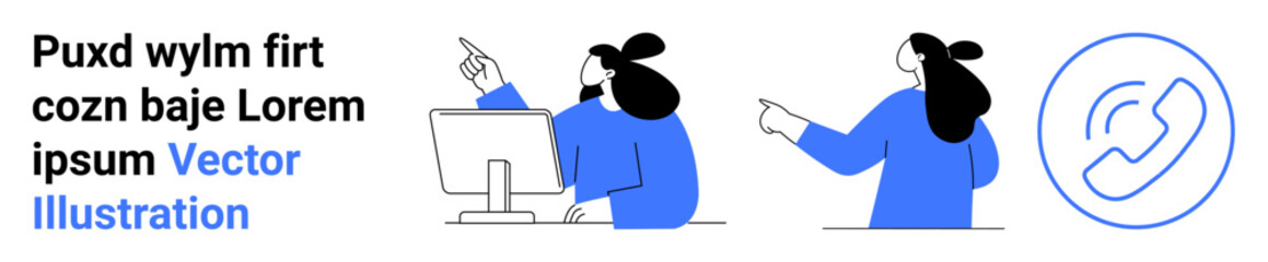 Two people interacting about a computer screen, gesturing to each other, and to text. Circular contact icon with phone symbol. Ideal for tech support, teamwork, communication apps, business services