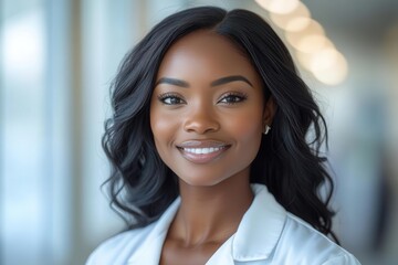 Fototapeta premium portrait of a confident black female doctor in a white coat her warm smile radiating professionalism and compassion set against a clean white background emphasizing her role in healthcare