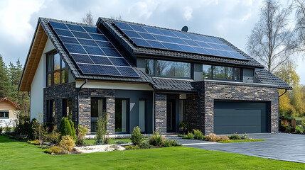 Obraz premium Modern Brick Home with Solar Panels - Photo