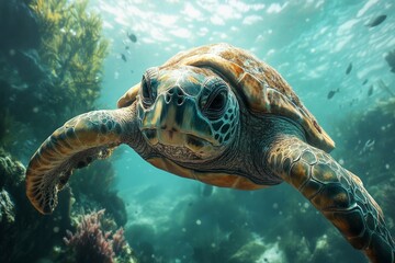 Obraz premium Sea turtle swimming in the ocean over a coral reef