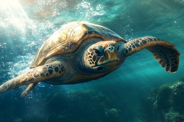 Obraz premium Sea turtle swimming in the ocean near coral reef