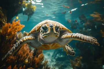 Fototapeta premium Hawksbill sea turtle swimming in coral reef: majestic marine life