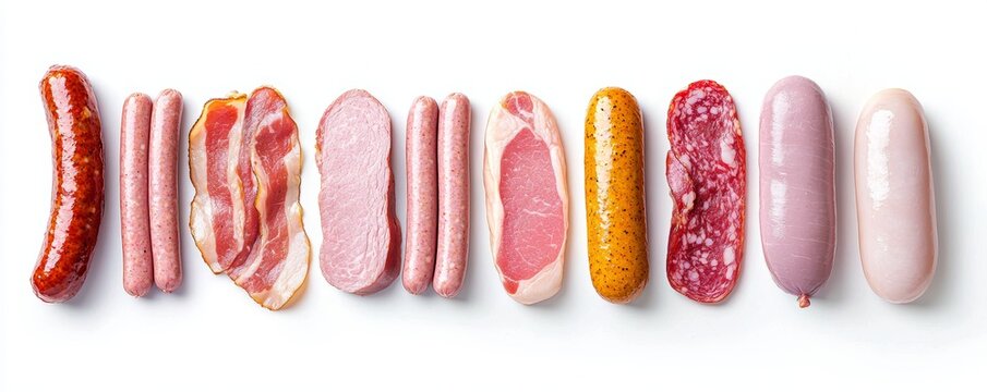 A variety of raw meats and poultry displayed against a white backdrop, including sausage links, bacon strips, and chicken fillets, each piece detailed and textured.