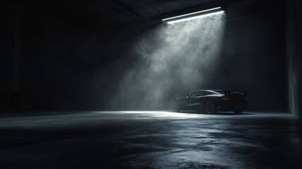 Dark, smoky garage interior with a spotlight on the concrete floor, setting the stage for a car or product display.