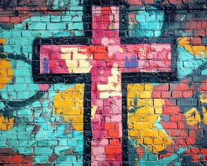 Graffiti Style Cross on Vibrant Brick Wall Symbolizing Urban Faith