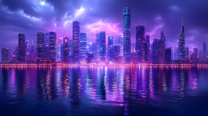 Fototapeta premium Neon Cityscape Reflection - Illustration