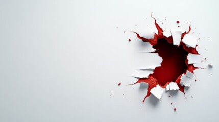 Shattered Surface: A dramatic, abstract image of a red-stained hole breaking through a pristine white surface. The jagged edges and splattered paint create a sense of power and destruction.  