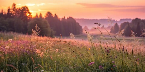 Serene Abstract Portrayal of Lush Meadow in Warm Golden Light Capturing Spring and Summer Vibes