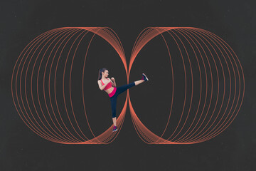 Composite photo collage of happy girl kick-boxer push leg sphere figure sportive lifestyle boxer...