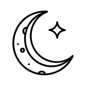 recommend clip art: Crescent moon and stars icon in outline, Black and white outline icon of a crescent moon with stars, representing night, sleep, and calm in a minimalist style.