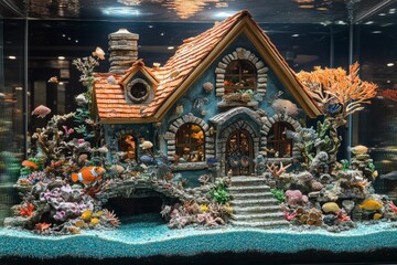 Fototapeta premium Tropical fish swimming around miniature house in aquarium