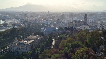 view of the city of Málaga from the Mirador de la Coracha at the Gibralfaro Castle, Andalusia,...