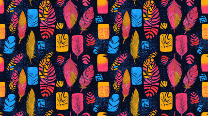 Obraz premium Vibrant seamless pattern featuring playful feather skin ornaments colorful zigzag batik designs and geometric square motifs ideal for children s apparel and home decor