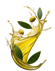 Olive oil splash with leaves, isolated on white background.
