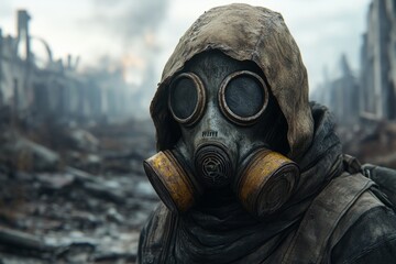 Post-apocalyptic survivor wearing gas mask in destroyed city