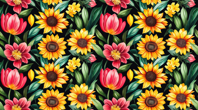 Vibrant seamless floral pattern featuring watercolor tulips and jasmine flowers combined with sunflowers on a deep black background perfect for textile design background decoration