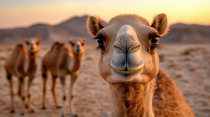 Obraz premium Three camels travel together across the expansive desert, silhouetted against a breathtaking sunset, epitomizing the beauty of nature, unity, and timeless adventure.