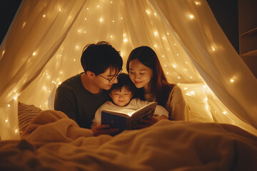 Asian family reading bedtime stories together, emphasizing warmth, bonding, and family traditions.