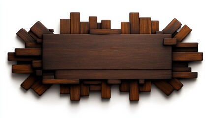 Rustic Wooden Signboard: A dark brown, rectangular wooden signboard is prominently featured, framed by an array of smaller, irregularly arranged wooden blocks.