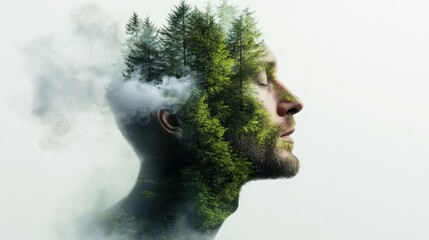 A serene profile of a face intertwined with lush green trees, symbolizing the profound connection between human consciousness and the natural world around us.