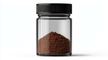 Ground Coffee in Glass Jar: A close-up shot of a glass jar with a black lid filled with ground coffee. The rich brown powder is visible through the clear glass.