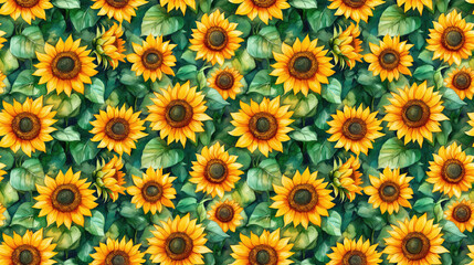 Seamless watercolor pattern of vibrant wild sunflower flowers ideal for backgrounds textures and decorative projects