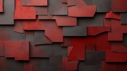 An abstract artwork featuring red, black, and brown geometric shapes layered to create a textured and vibrant visual effect, exuding depth and contrast.