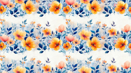 Obraz premium Vibrant seamless pattern featuring hand painted watercolor floral motifs with delicate flowers and leaves over an aged textured grass background ideal for fabric and wallpaper design