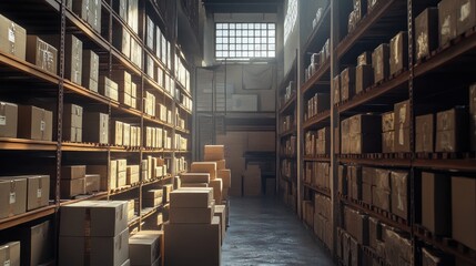 Warehouse Interior with Rows of Shelving Filled with Cardboard Boxes .