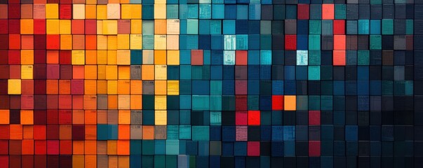 A vibrant abstract design featuring a mosaic of colorful squares in shades of orange, blue, and red, creating a dynamic visual experience.