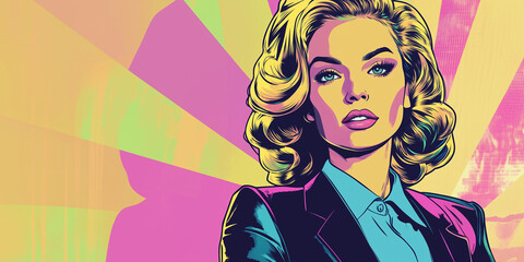 Corporate woman in comic book pop art style with pastel colors, emphasizing boldness and modernity.