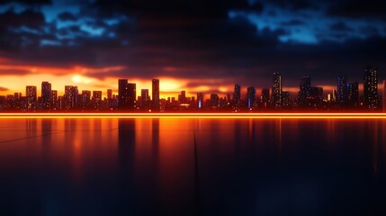 Fototapeta premium Dramatic skyline at sunset, reflecting orange and blue hues over calm water.