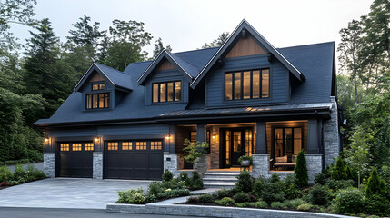 Modern House with a Black Exterior, Stone Accents, and a Large Garage - Realistic Image