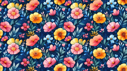 Seamless floral pattern featuring hand drawn flowers and leaves in vibrant watercolor ideal for greeting cards and invitations