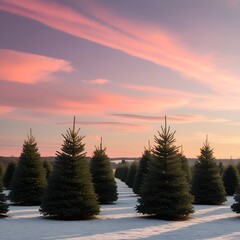 Snow-covered Christmas tree farm with sunset sky and vibrant colors, winter landscape