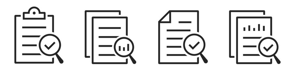 Review audit icon set. Audit document, overview risk, verification, result, marketing analysis, business data report - stock vector.