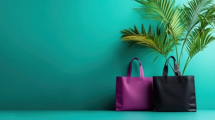 Displayed boldly against a teal background, a purple and black tote bag sit artistically with a lush green plant, symbolizing modern elegance and natural beauty.