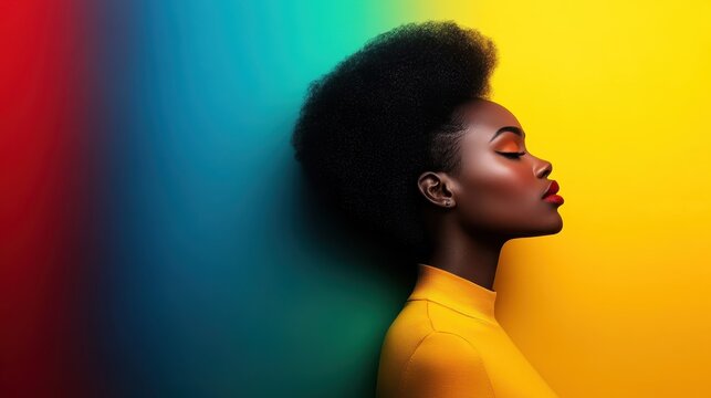 An image of a woman in profile set against a spectrum of vivid hues provides a powerful portrayal of vivid contrasts and reflections on individuality and identity.