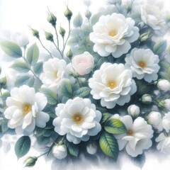 Fototapeta premium 흰 배경, 찔레꽃, 파스텔화 (white background, Multiflora rose, pastel painting) 