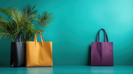 In a vibrant teal setting, three tote bags in black, orange, and purple shades create an artistic display, complemented by lush greenery for a trendy visual impact.