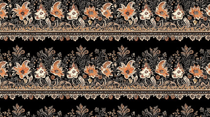 Seamless pattern featuring intricate Indian Mughal artwork with a delicate lace border ideal for textile prints and fashion design