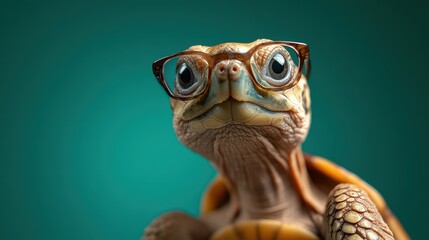 A cute turtle with detailed scales and tortoiseshell glasses sits against a vibrant green background, giving a whimsical and charming appearance.