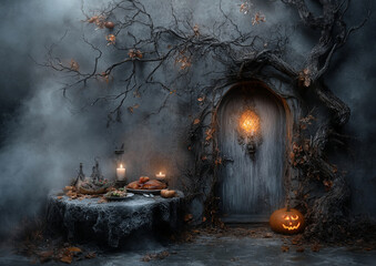 Haunted Halloween Feast with Jack-o'-Lantern, Spooky Door, and Candlelit Table